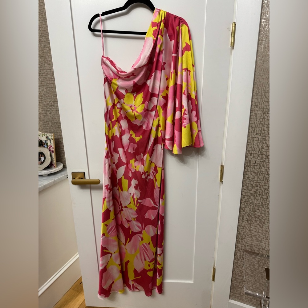Anthropologie Pink and Yellow One Shoulder Dress